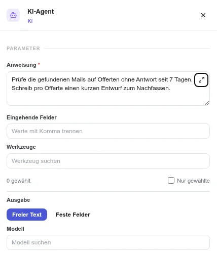 Einstellungen des Bausteins KI-Agent in Vectoryon Automations mit Anweisung, eingehenden Feldern, Werkzeugen und Ausgabe